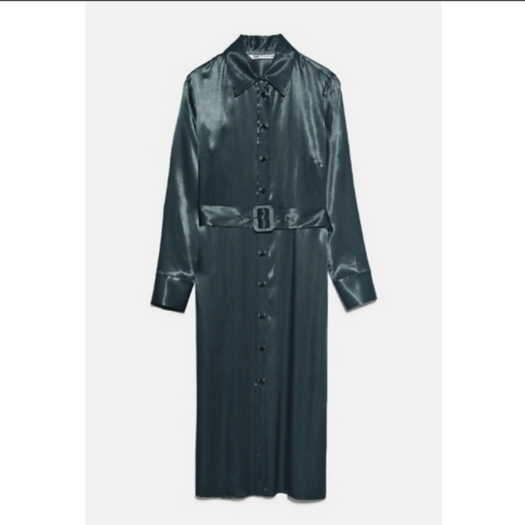 Zara Satin Effect Hunter Green Long Sleeve Belted Collared Midi Dress | sz M - Picture 4 of 15